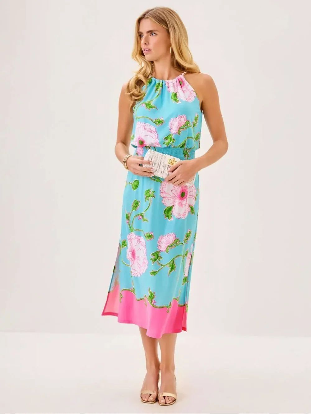 Lilly Pulitzer Gracelyn Halter Midi Dress Floral Halter Blue and Pink